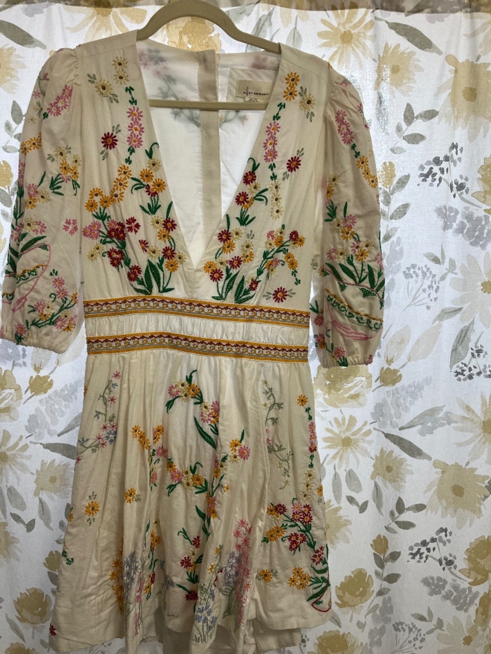 Anthropologie Deep V Floral Mini Dress Large White OB1465371 Prairie Cottagecore